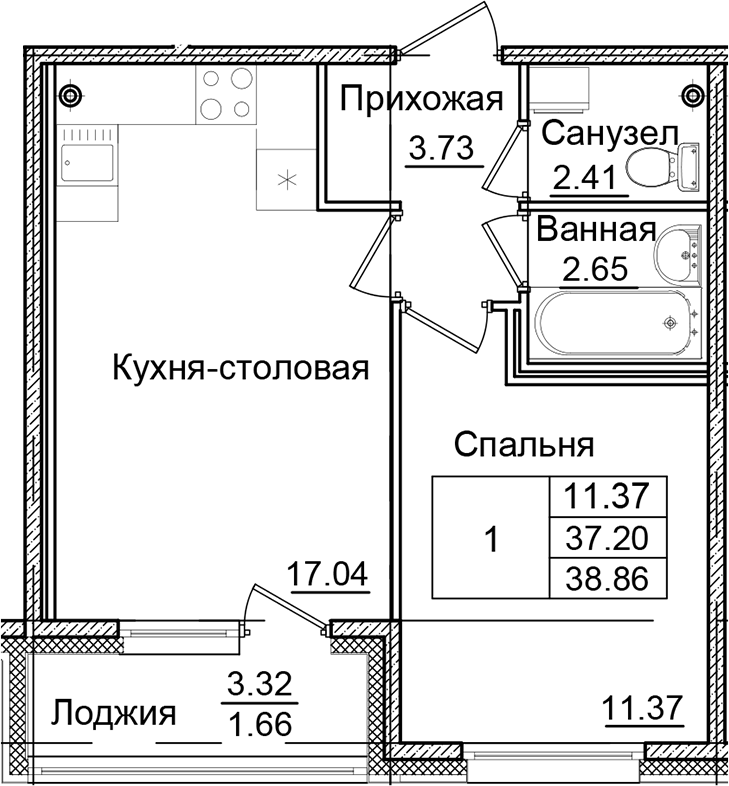 1-комнатная квартира 38.86 м², 2/9 эт., ЖК «Квартал Заречье»